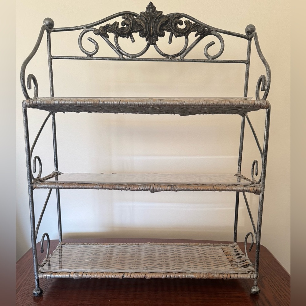 Vintage Metal and Wicker Three (3) Shelf Stand